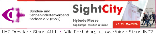 Links befindet sich das Logo des BSVS e. V. und der Verbandsname in schwarzer Schrift. Rechts daneben ist das SightCity-Logo mit dem Schriftzug 'SightCity'. Darunter steht 'Hybride Messe' sowie der Veranstaltungsort 'Kap Europa Frankfurt & Online' und das Datum '27.&ndash;29. Mai 2026'. Im unteren Bereich sind Standnummern des LHZ Dresden (4I11) und der Villa Rochsburg zusammen mit Low Vision (Stand IN02) aufgelistet.