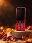 Preview: Blindshell Classic 3 Mobiltelefon mit großem Tastenfeld und rotem Gehäuse steht auf einem runden Holzpodest umgeben von Herbstlaub.