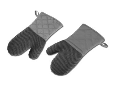 Zwei Ofenhandschuhe mit Rautenmuster am Handgelenk und geriffelter Oberfläche an der Handfläche.
