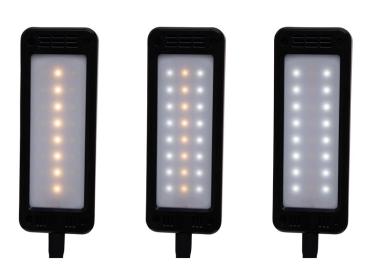 Preview: Drei rechteckige LED-Leuchten mit schwarzem Rahmen, jede mit unterschiedlicher Anordnung und Farbtemperatur der Leuchtpunkte hinter milchigem Diffusor.