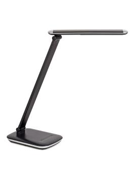 Schwarze, moderne Schreibtischlampe mit rechteckigem Fuß und verstellbarem Arm.