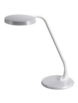 Schreibtischlampe mit rundem Sockel und flachem, rundem Lampenschirm an gebogenem Arm.