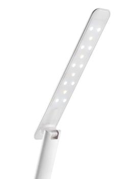 Preview: Schlanke weiße LED-Schreibtischlampe mit langem, schmalem Leuchtarm und verstellbarem Gelenk.