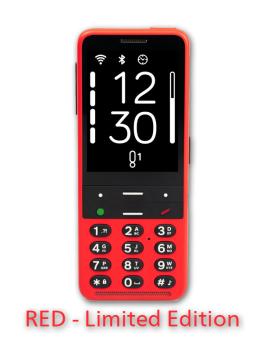 Rotes Blindshell Classic 3 Mobiltelefon mit großem Display und großen Tasten, darunter die Beschriftung 'RED - Limited Edition'.