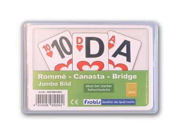 Jumbo-Spielkartenset mit großen Rommé-, Canasta- und Bridge-Karten in der Verpackung.
