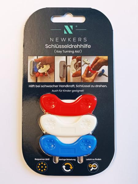 Die Verpackung enthält 3 farbige Schlüsseldrehhilfen.