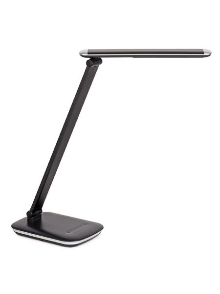 Schwarze, moderne Schreibtischlampe mit rechteckigem Fuß und verstellbarem Arm.