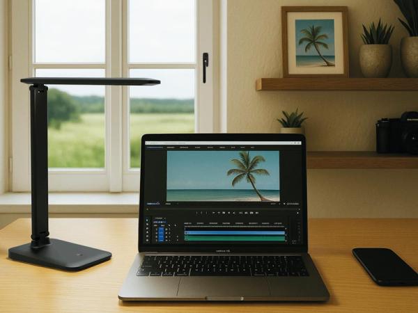 Laptop mit Videobearbeitungsprogramm zeigt Palme am Strand auf Schreibtisch vor Fenster mit Lampe, Pflanzen und Smartphone.