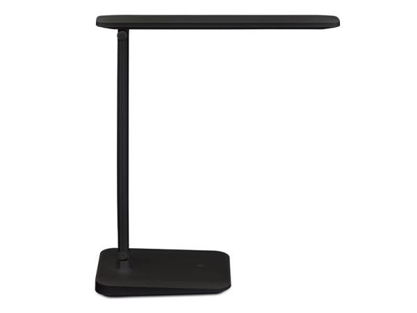 Schwarze, minimalistische Schreibtischlampe mit rechteckigem Fuß, senkrechtem Stab und flachem, rechteckigem Lampenschirm.