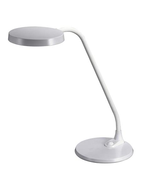 Schreibtischlampe mit rundem Sockel und flachem, rundem Lampenschirm an gebogenem Arm.