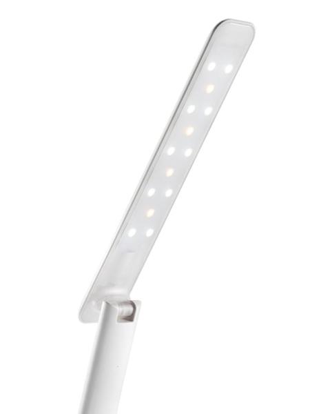 Schlanke weiße LED-Schreibtischlampe mit langem, schmalem Leuchtarm und verstellbarem Gelenk.