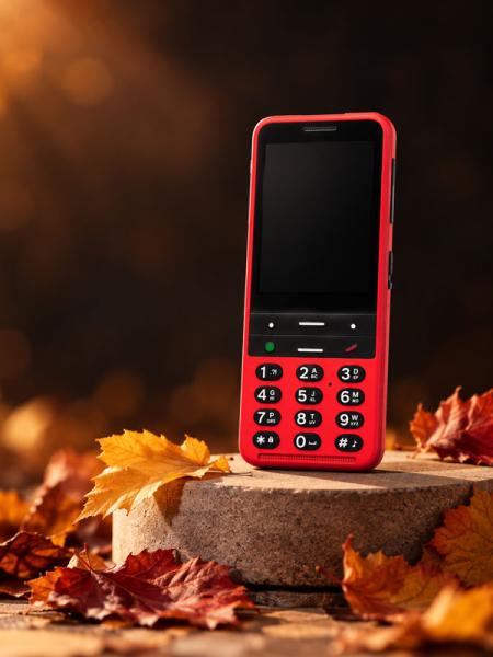 Blindshell Classic 3 Mobiltelefon mit großem Tastenfeld und rotem Gehäuse steht auf einem runden Holzpodest umgeben von Herbstlaub.